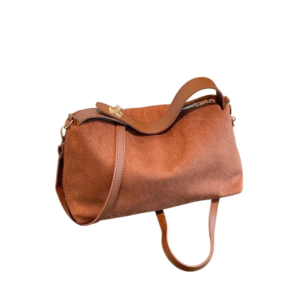 Brown Faux Suede Hobo Crossbody Bag Gold Hardware Slouchy Shoulder Handbag‎